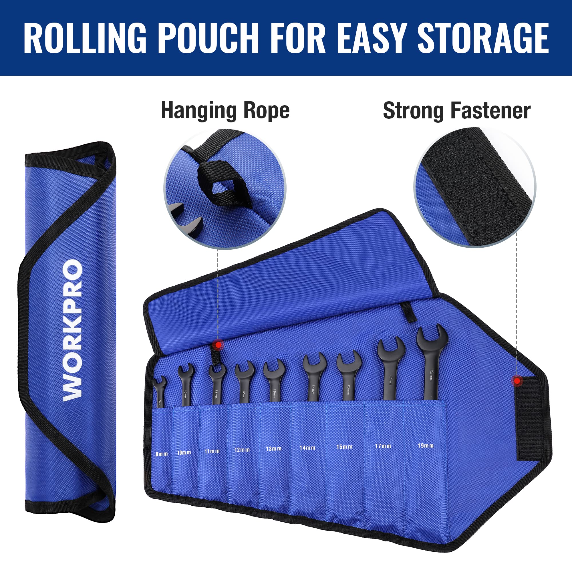 WORKPRO roll-up pouch stores wrenches neatly for portable projects.