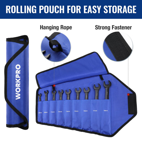 WORKPRO roll-up pouch stores wrenches neatly for portable projects.