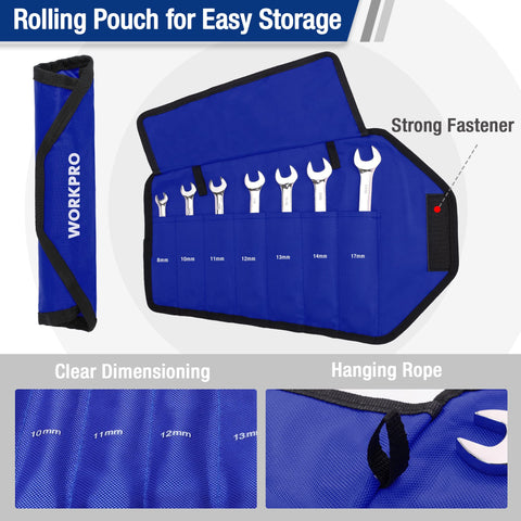WORKPRO roll-up pouch keeps wrenches organized and portable.