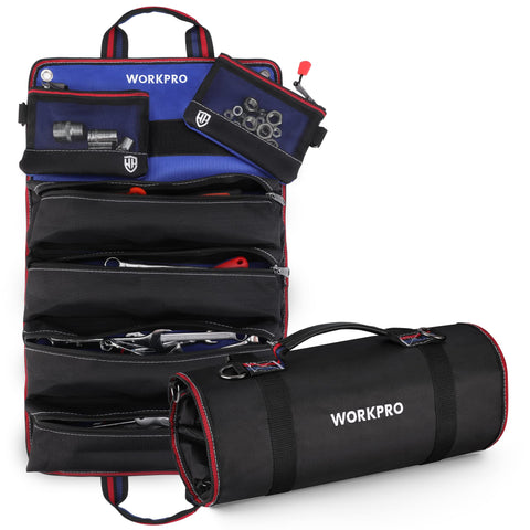 WORKPRO Roll Up Tool Bag front view shows six pockets for quick access.