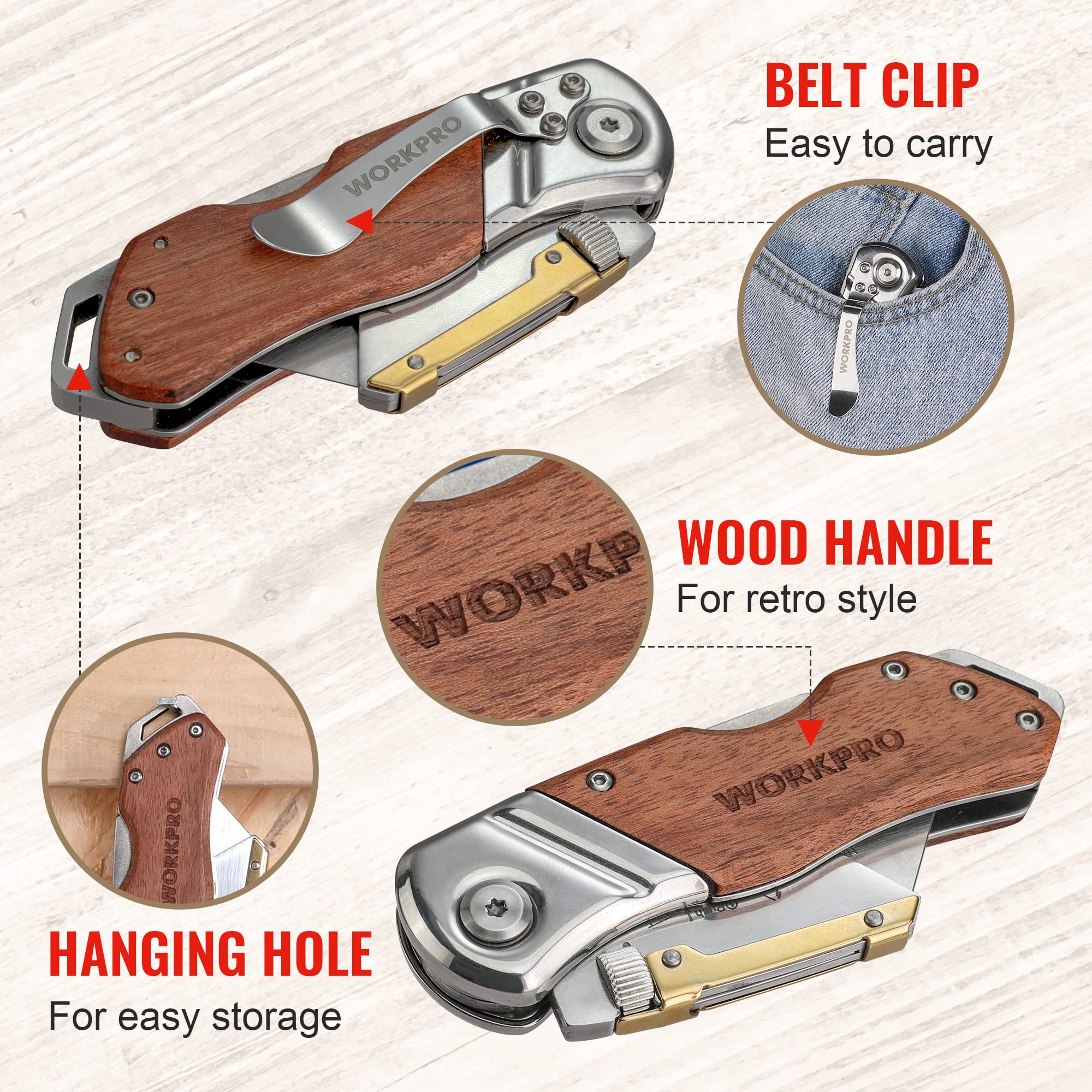 WORKPRO knife with rosewood handle offers classic retro style and secure grip.
