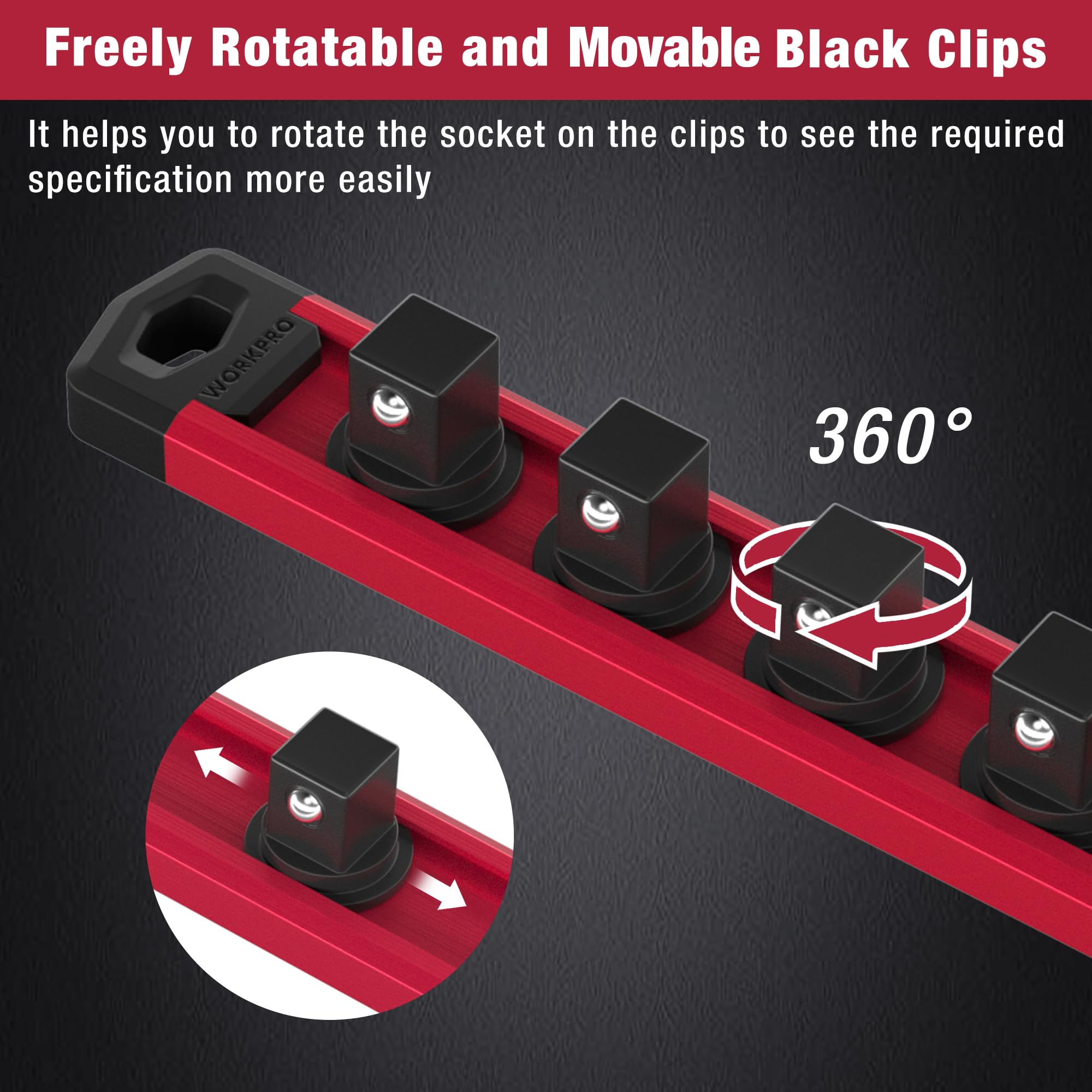 WORKPRO rotatable black clips on socket tray enable easy size viewing.