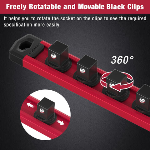 WORKPRO rotatable black clips on socket tray enable easy size viewing.