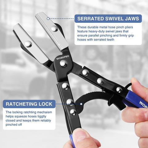 WORKPRO rotating jaws hose pliers aid precise clamps during radiator and fuel hose work.