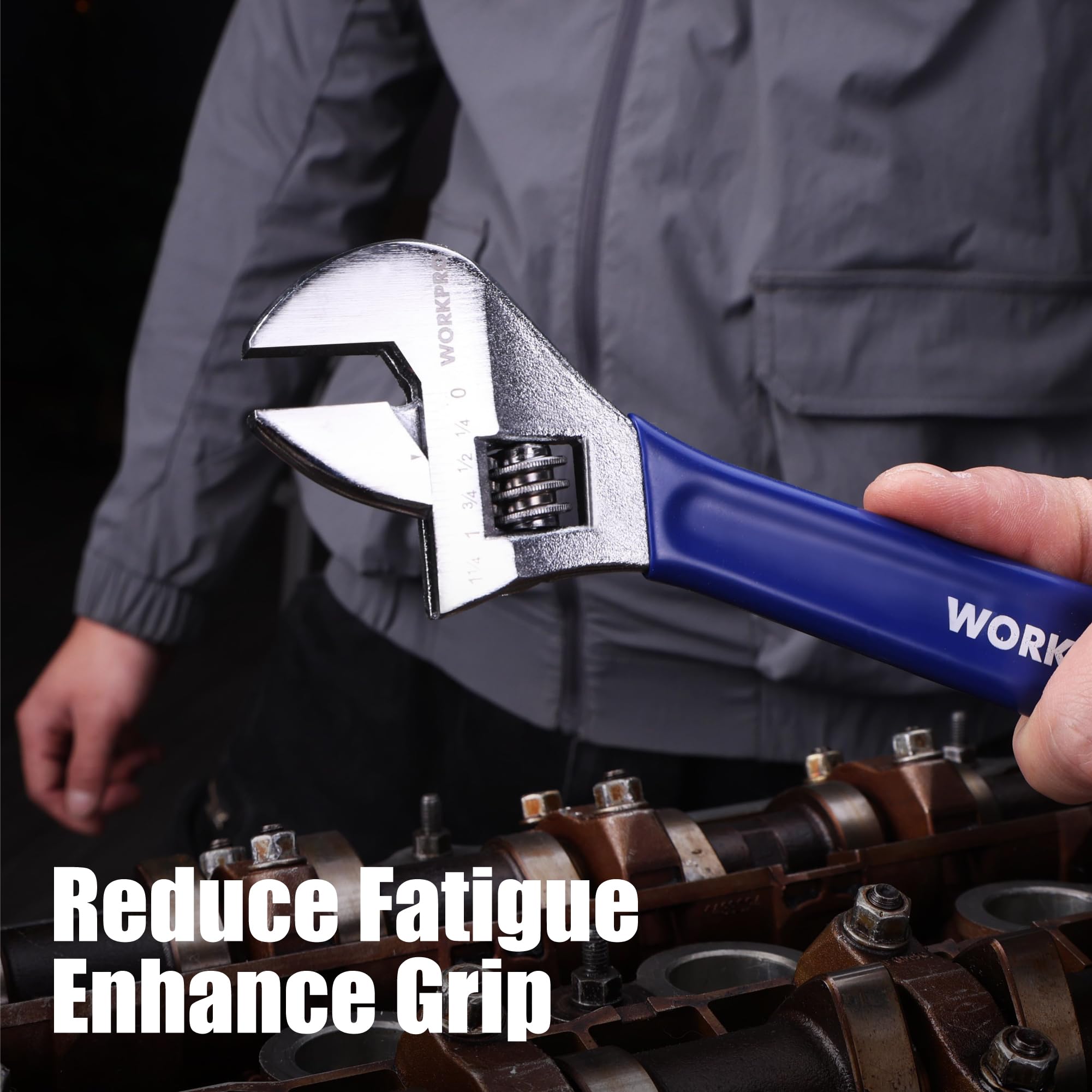 WORKPRO rubber grip handle provides comfortable, non-slip control during long jobs.