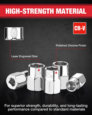 WORKPRO sockets 3/8 to 1/2 inch arranged for mid-size automotive repairs