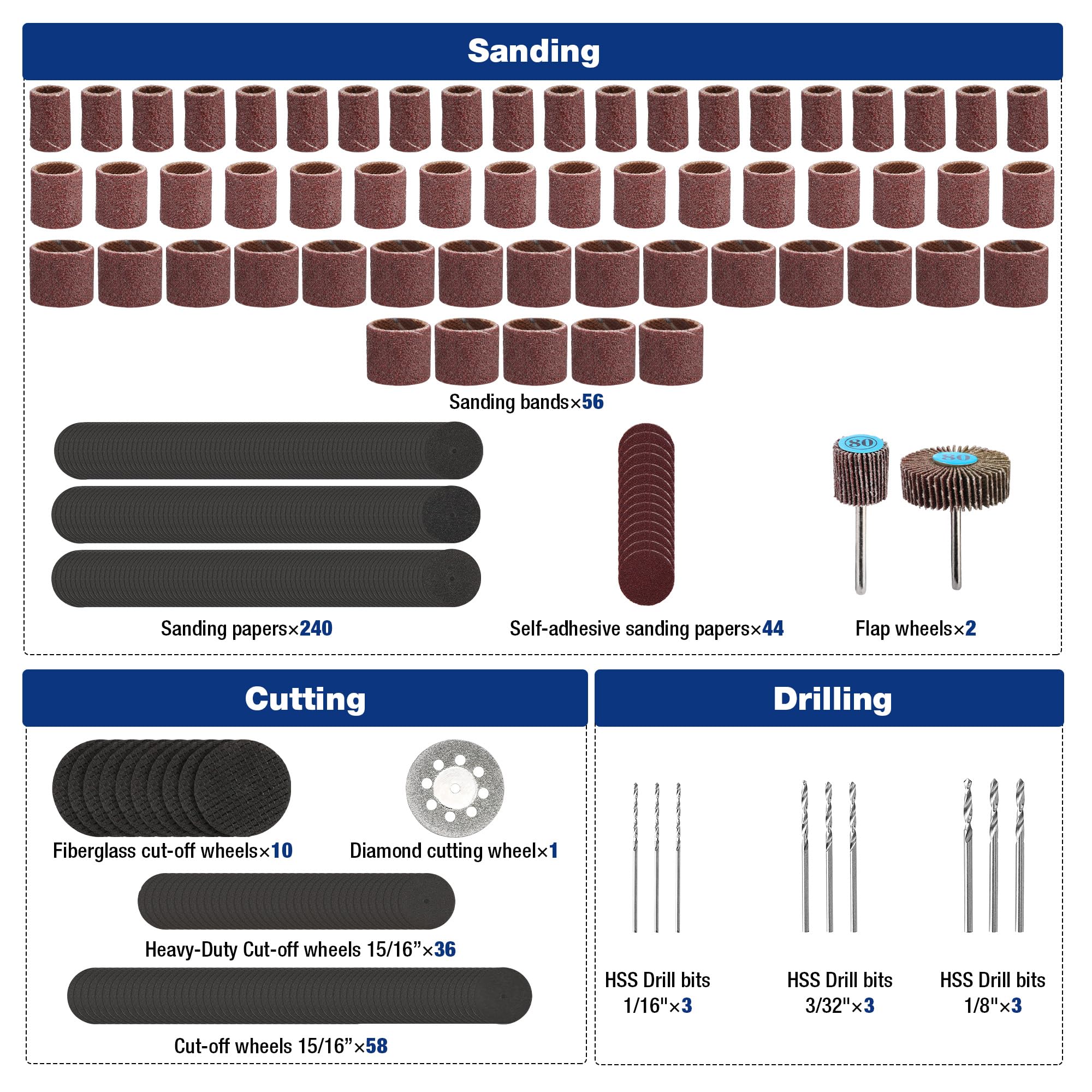 WORKPRO sanding bands and discs laid out for smooth finishes on wood and metal.