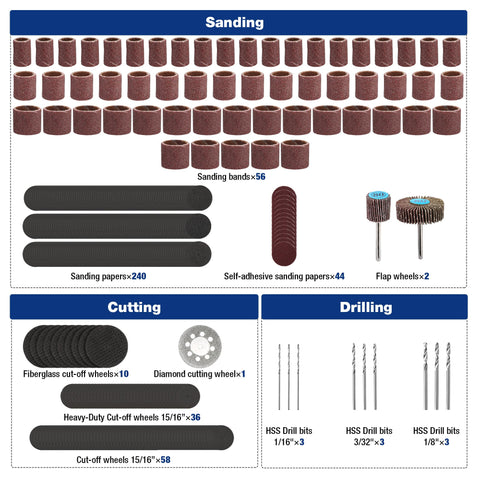 WORKPRO sanding bands and discs laid out for smooth finishes on wood and metal.