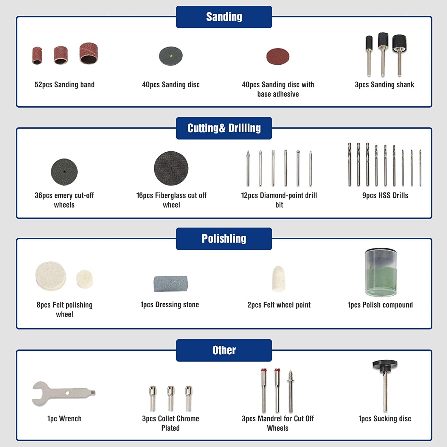 Sanding bands and discs for smooth wood and metal finishes.