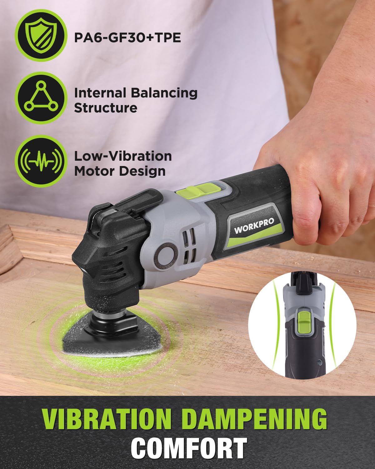 WORKPRO sanding sheets included for smooth finishes on wood and metal.