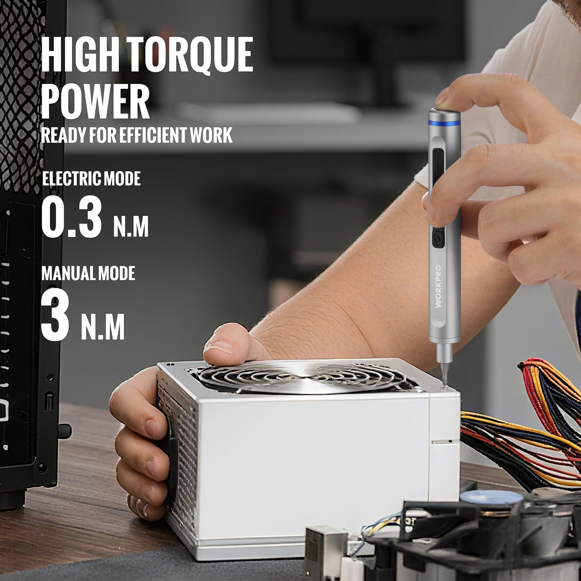 WORKPRO screwdriver with dual LED lights for better visibility.
