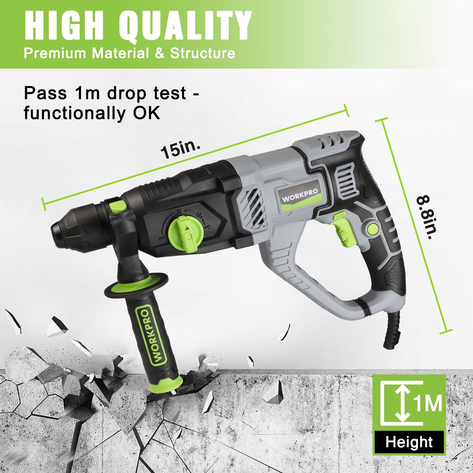 WORKPRO SDS-Plus drill chuck close-up highlights quick bit changes.