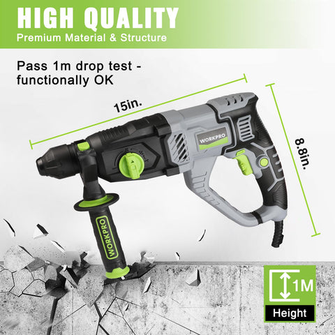 WORKPRO SDS-Plus drill chuck close-up highlights quick bit changes.