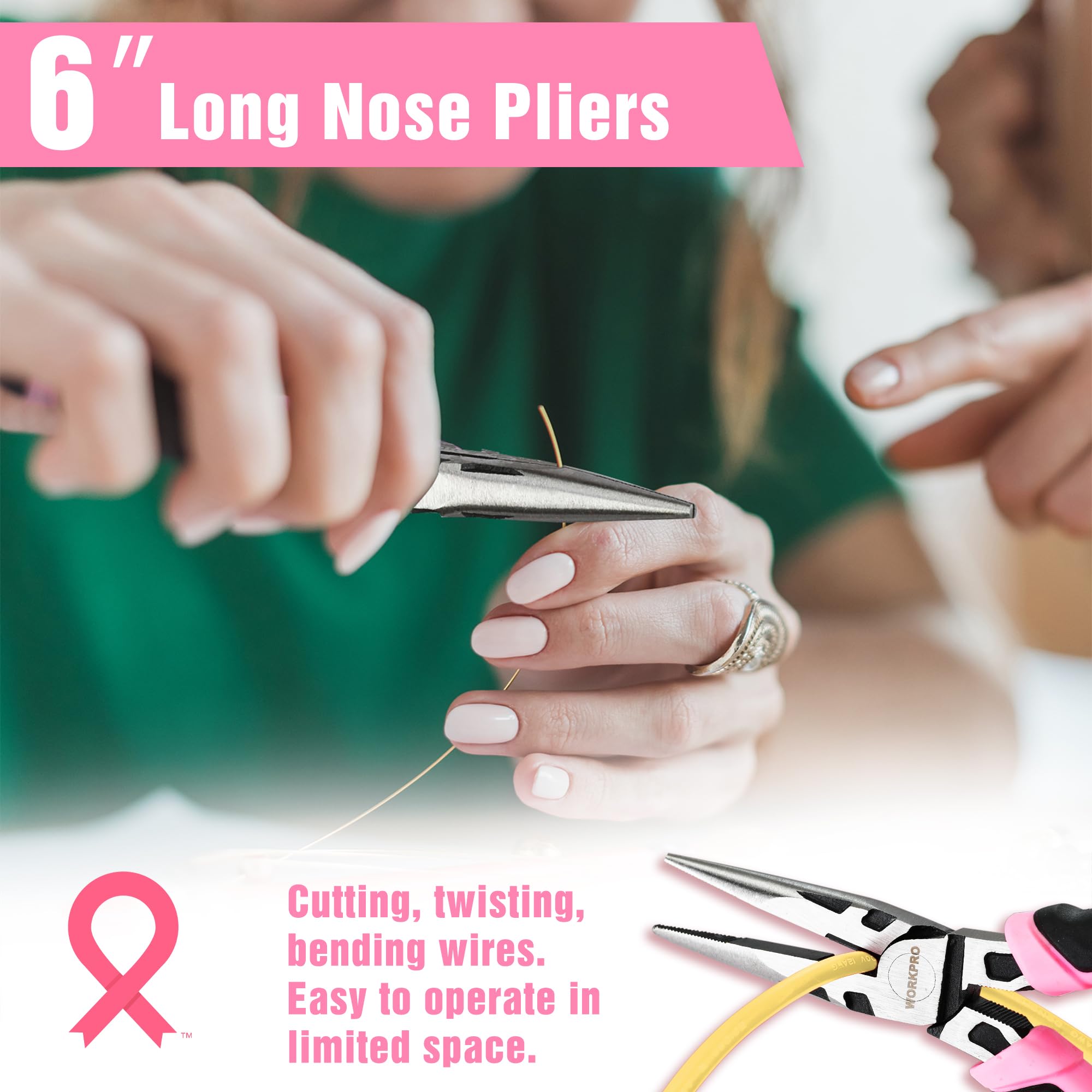 WORKPRO 6-inch slip-joint pliers with pink handles provide secure grip and leverage.