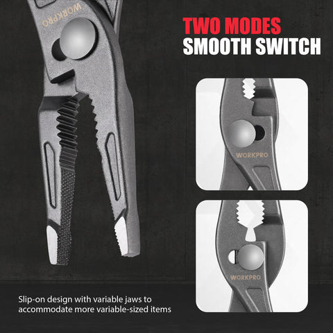 WORKPRO slip-joint pliers showing two jaw positions for versatility.