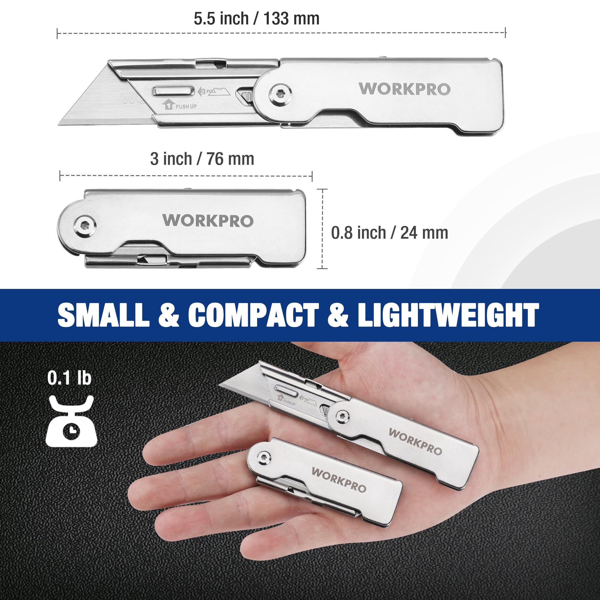 WORKPRO knife with smooth opening and folding action for comfortable use.
