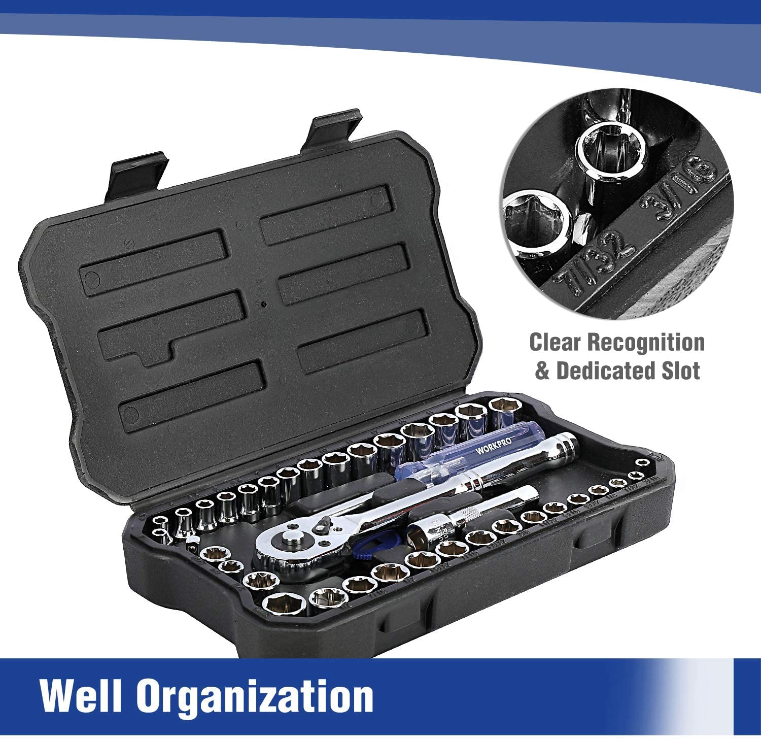 WORKPRO imperial sockets in an 18-piece set for imperial fastener compatibility