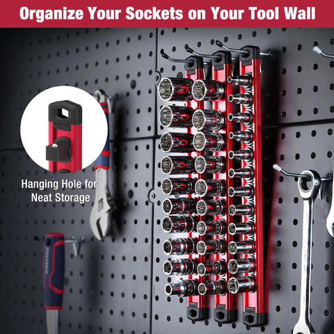 WORKPRO garage-ready socket organizer keeps tools neatly arranged.
