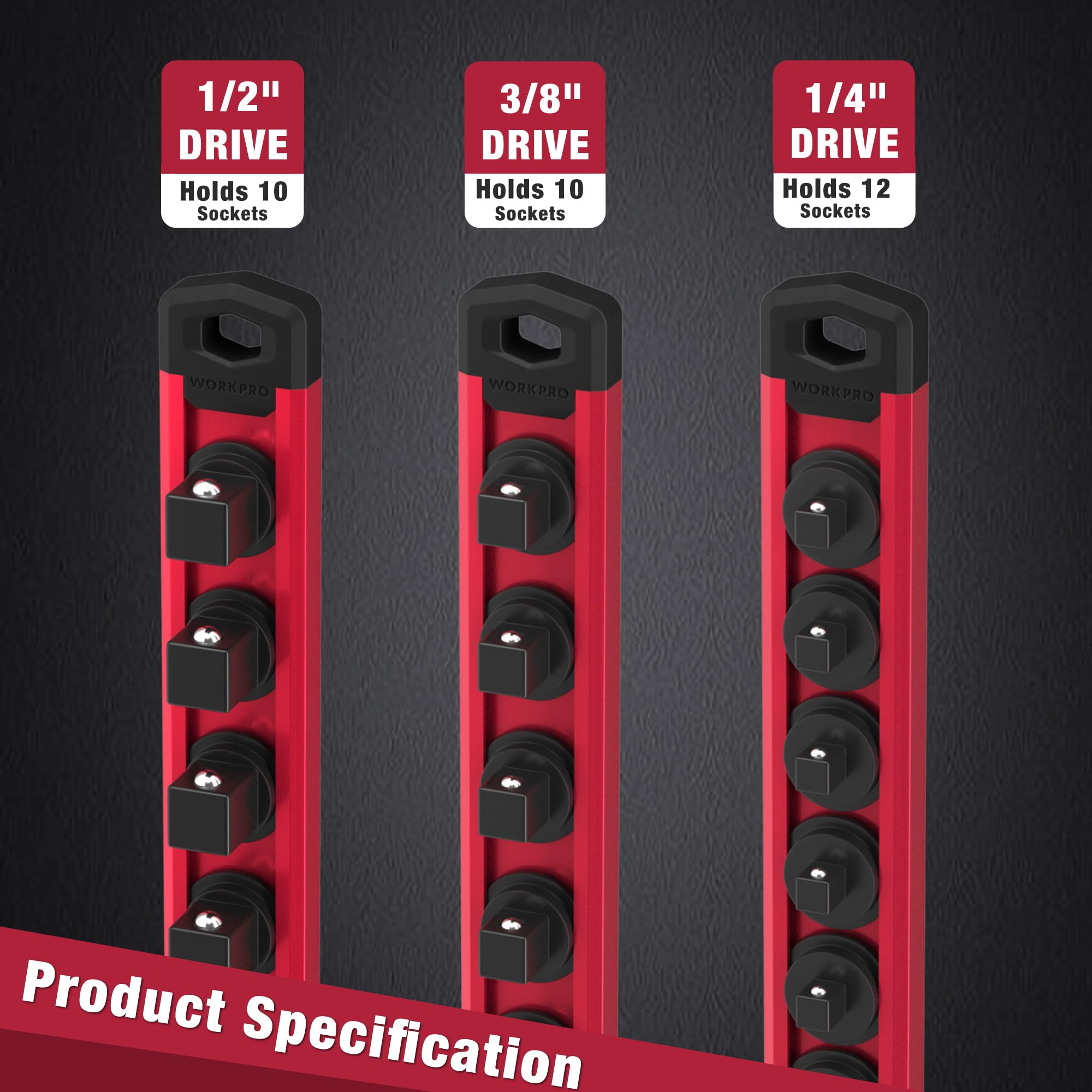 WORKPRO socket tray wall-mount hole for space-saving storage.
