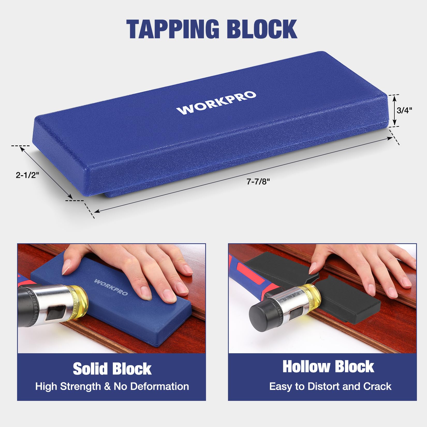 WORKPRO solid tapping block prevents floor damage while tapping planks