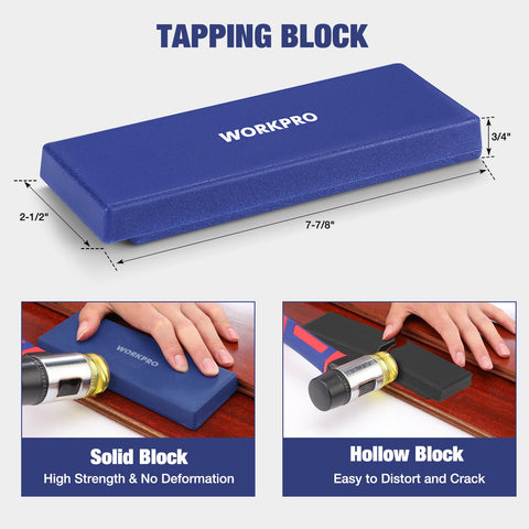 WORKPRO solid tapping block prevents floor damage while tapping planks