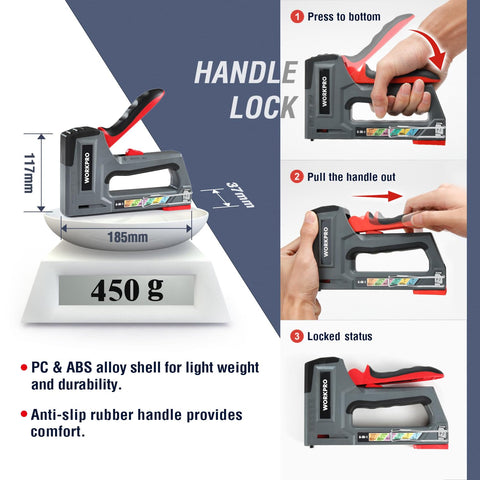 WORKPRO staple gun dual-power lever image illustrates High/Low settings for hard or soft materials.