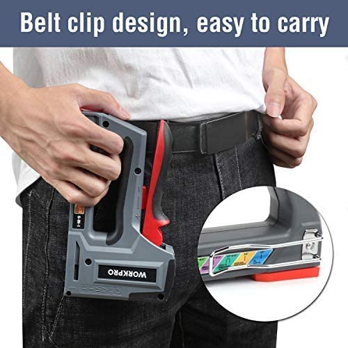 WORKPRO staple gun ergonomic grip demonstrates comfortable handling during extended use.