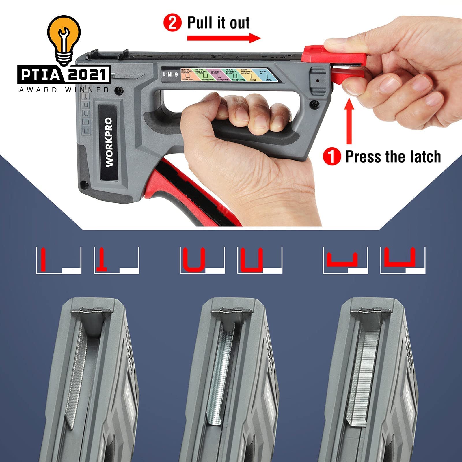 WORKPRO staple gun loading magazine shows quick release for fast reloading.