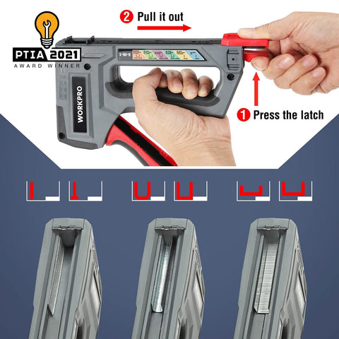 WORKPRO staple gun loading magazine shows quick release for fast reloading.