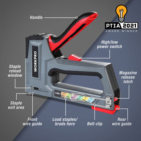 WORKPRO staple gun side view highlights compact design for easy storage.