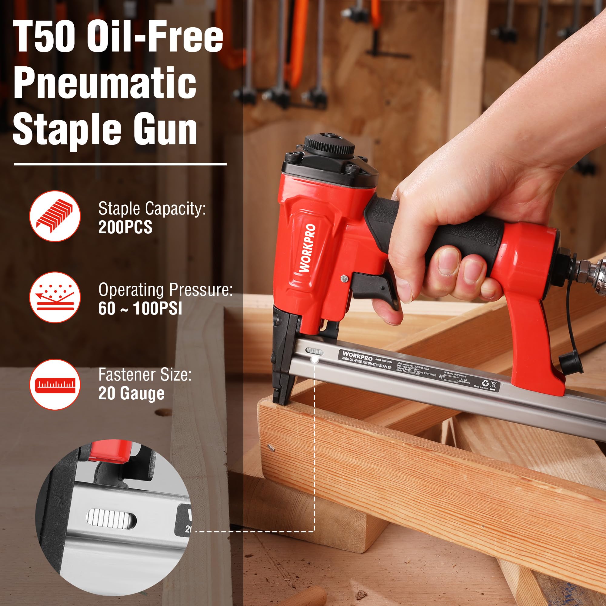 WORKPRO staple gun shows staple-viewing window for reload visibility