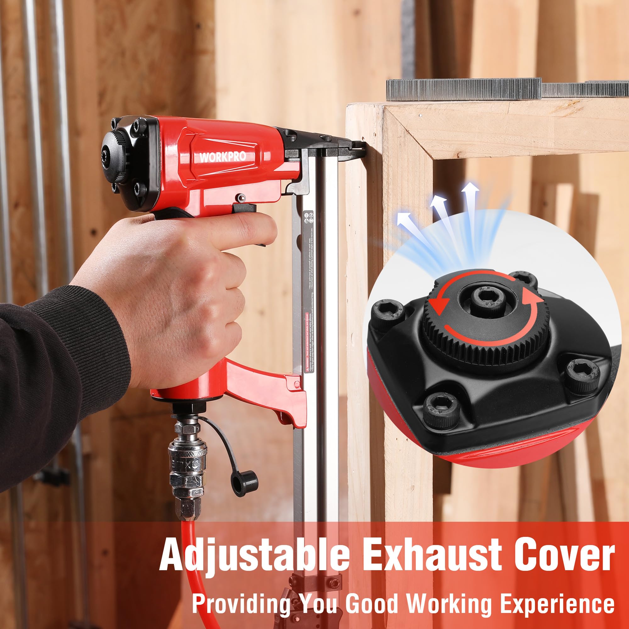 WORKPRO pneumatic stapler in use on a furniture project