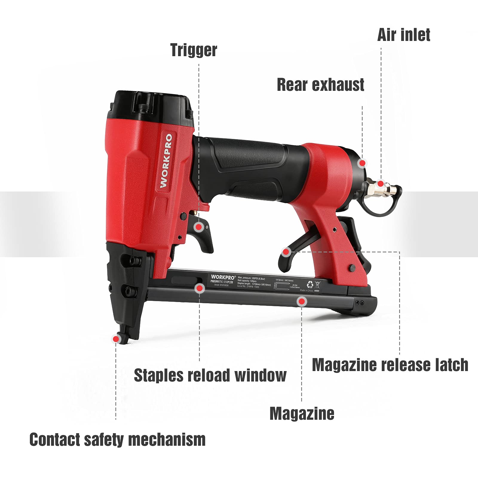 WORKPRO staple gun rear exhaust directs air away from you for a safer project