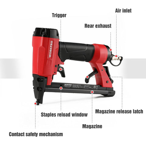 WORKPRO staple gun rear exhaust directs air away from you for a safer project