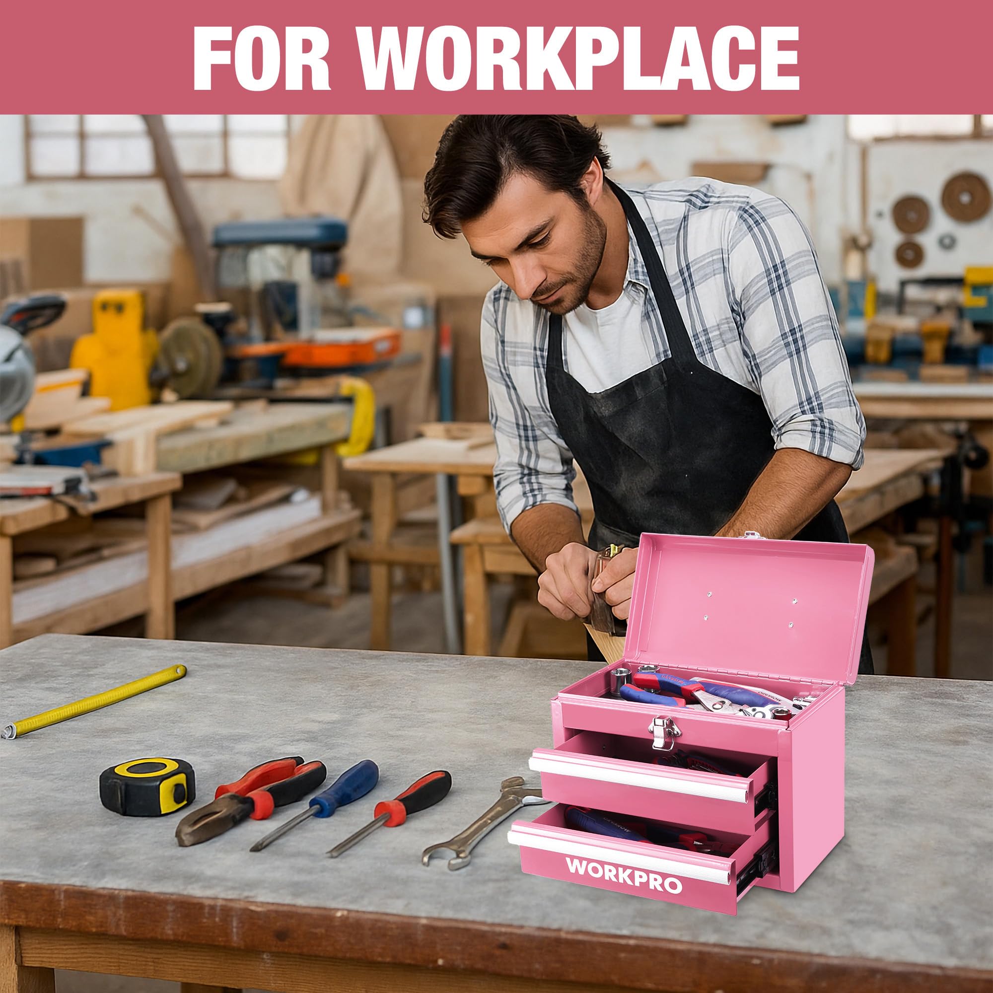 Steel latch on WORKPRO toolbox keeps contents secure during transport.