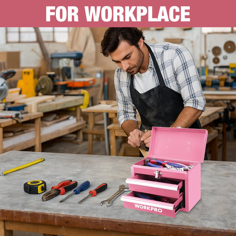 Steel latch on WORKPRO toolbox keeps contents secure during transport.