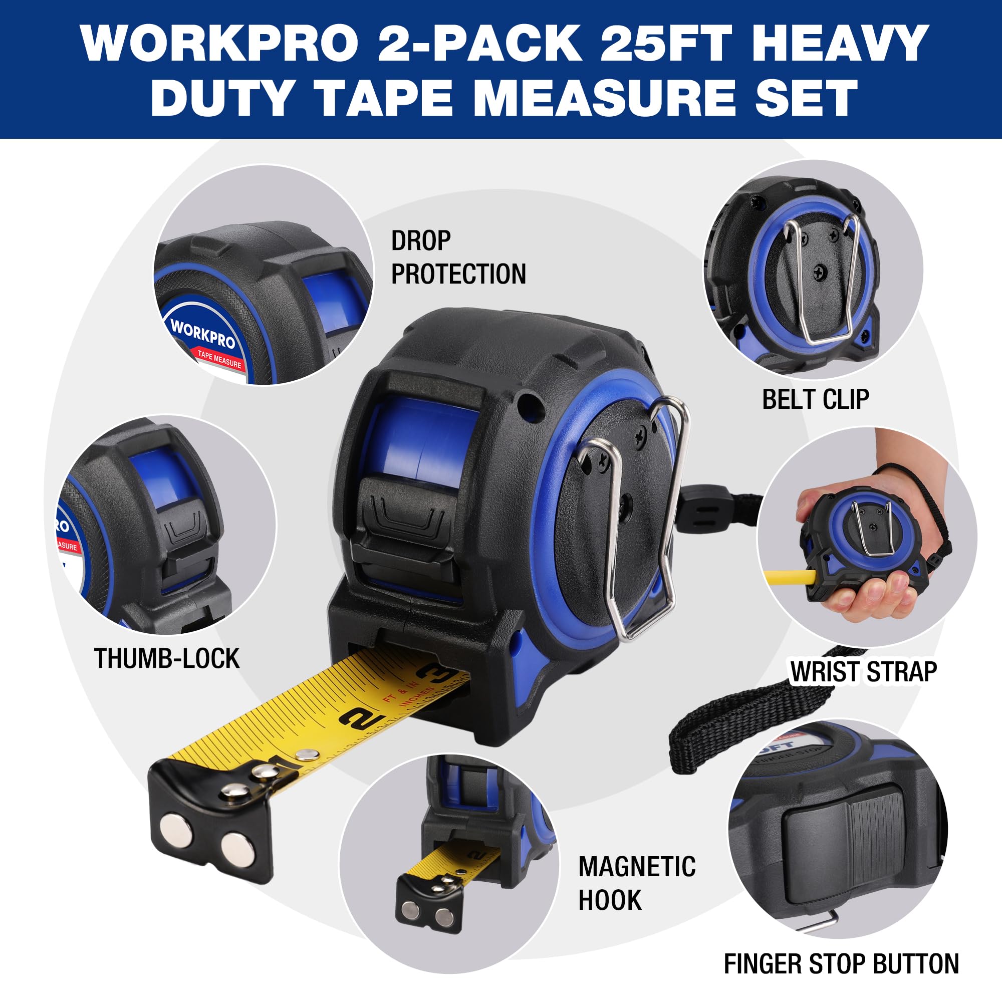 WORKPRO tape measure showing magnetic hook in action for metal surfaces