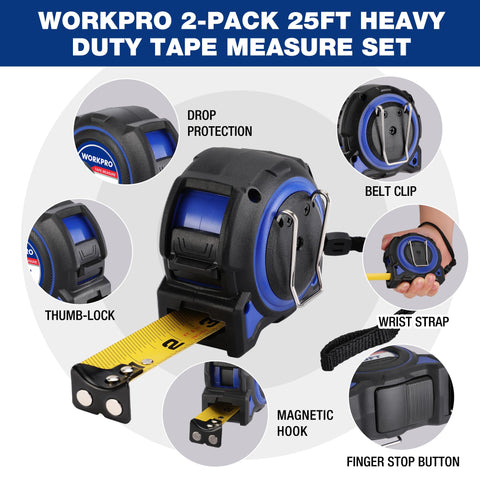 WORKPRO tape measure showing magnetic hook in action for metal surfaces