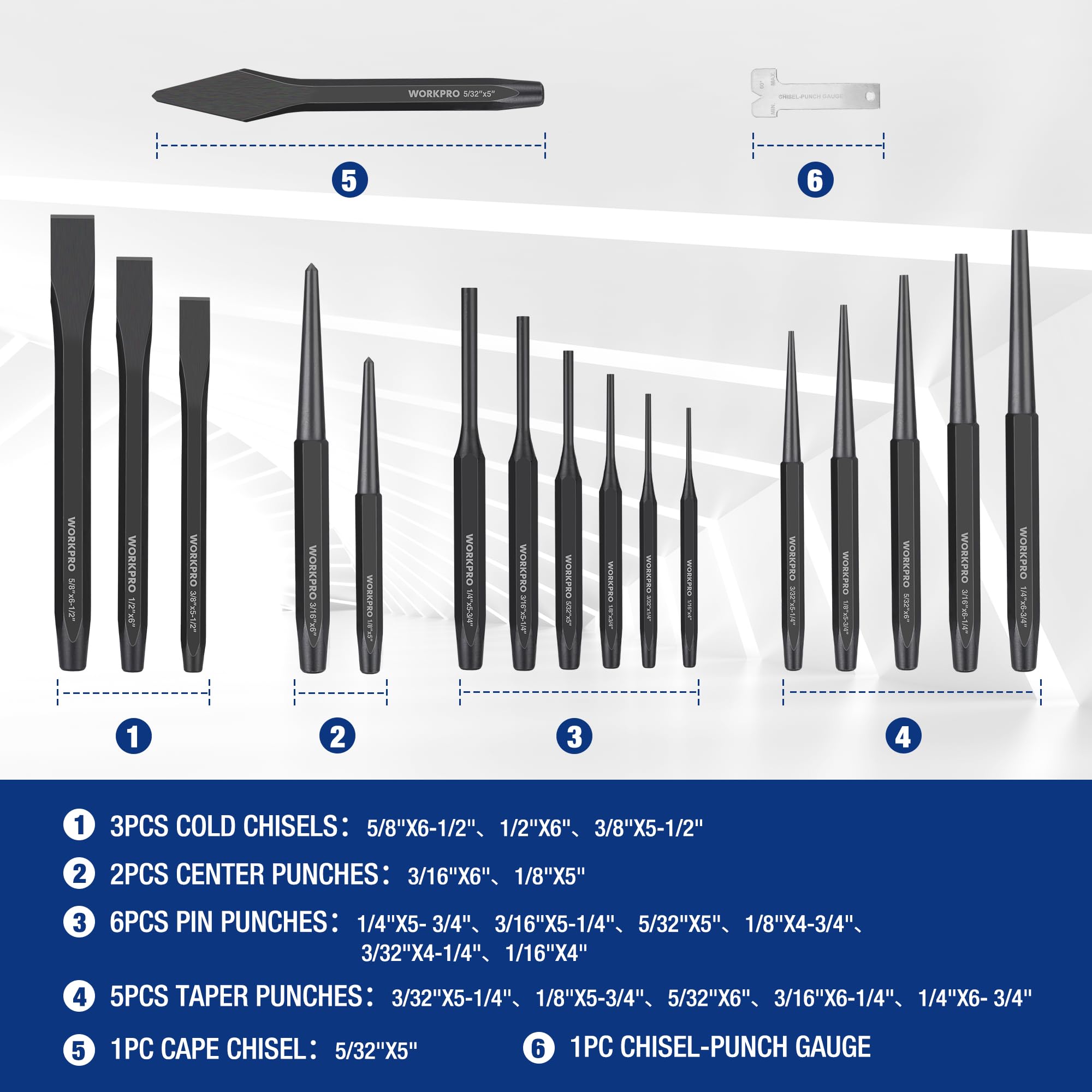 WORKPRO taper punches for precise alignment and finishes