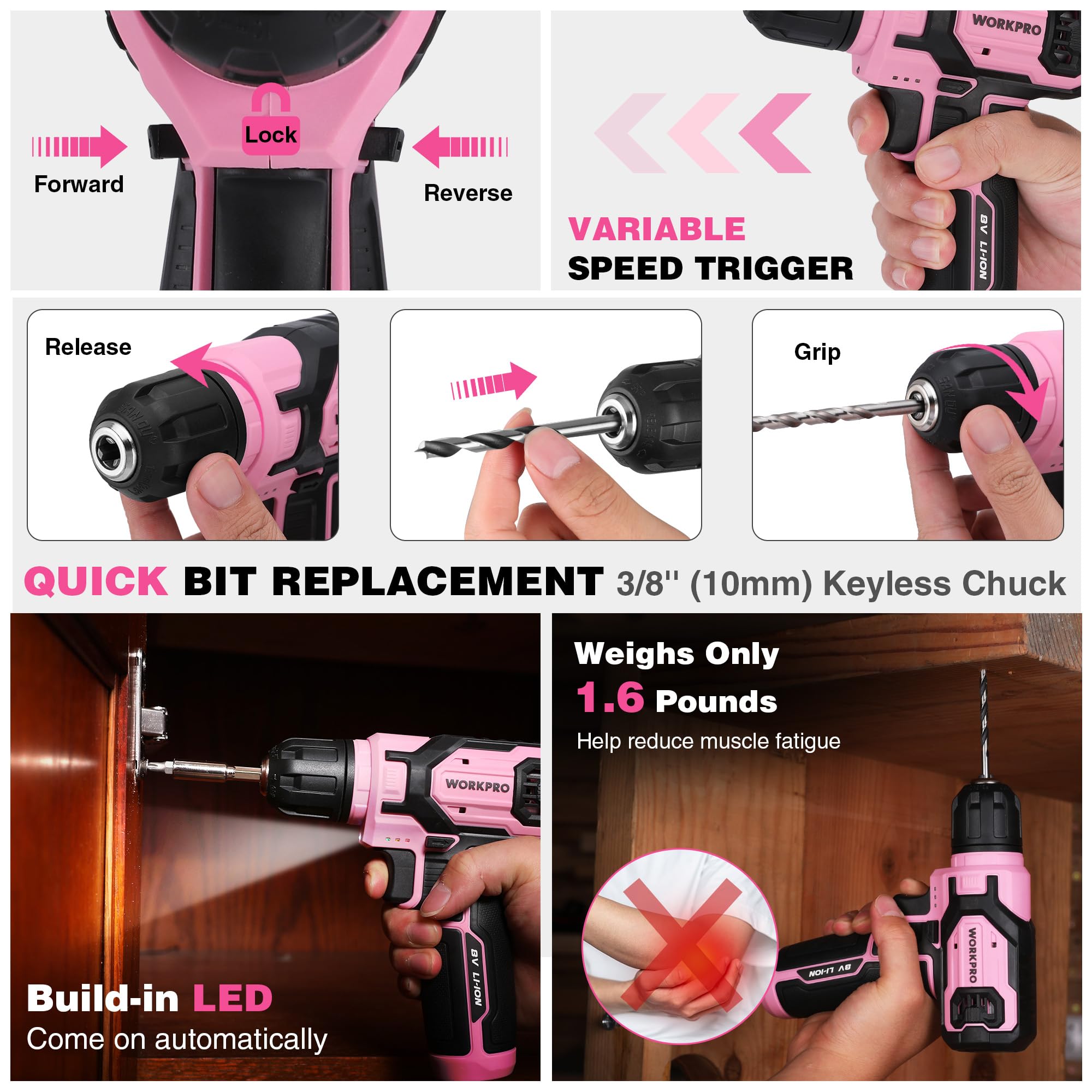 WORKPRO three-eighths keyless chuck, fast bit changes with one hand.