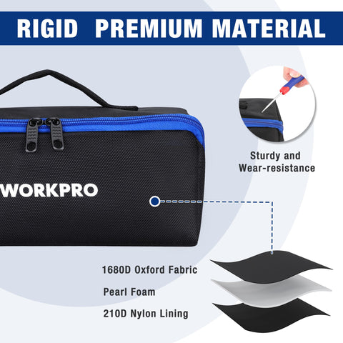 Durable 1680D oxford cloth in WORKPRO tote with reinforced interior liner.