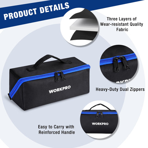 Compact, portable WORKPRO bag with reinforced handle for easy transport.
