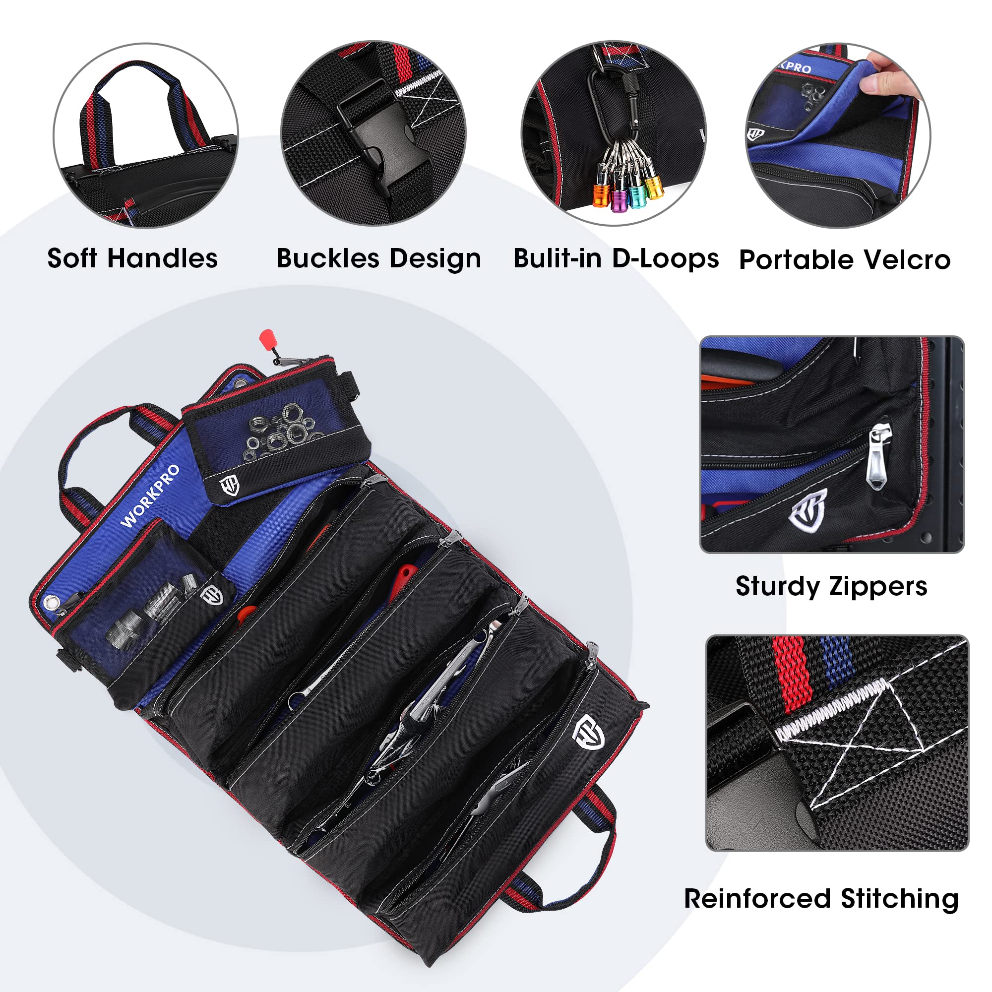 WORKPRO tool bag handles and hanging loops enable easy transport.