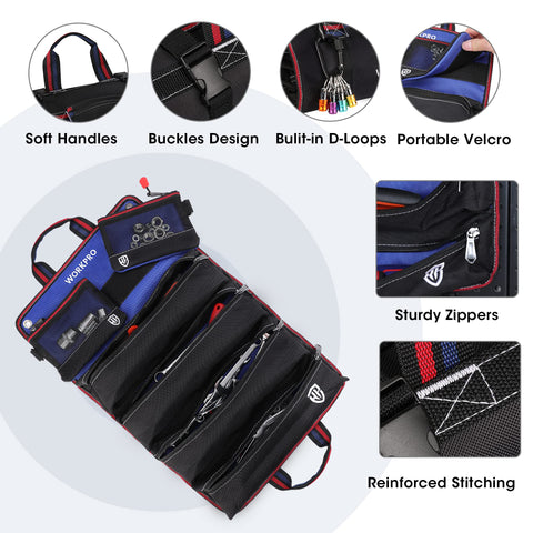 WORKPRO tool bag handles and hanging loops enable easy transport.