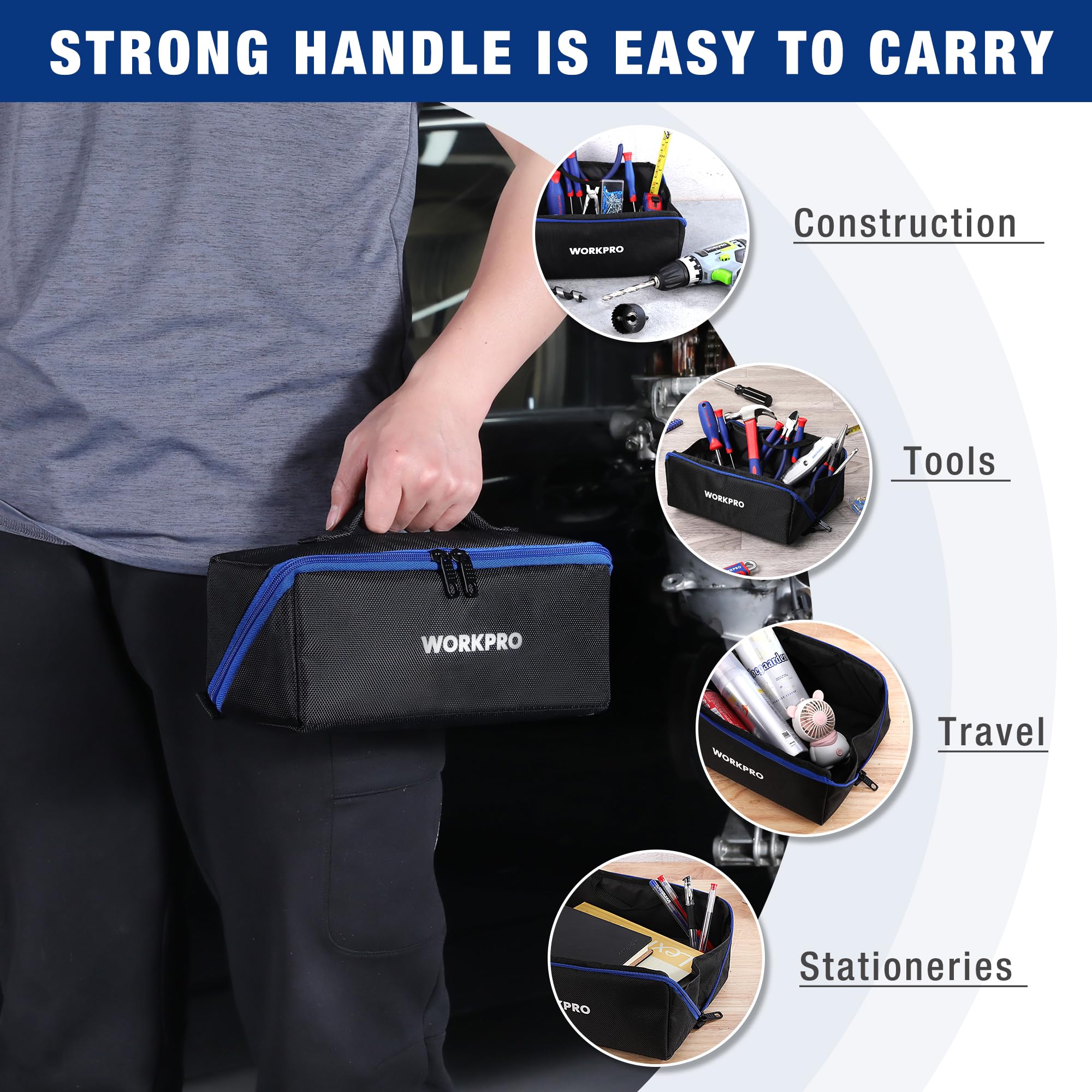 Sturdy stitching on WORKPRO tool bag ensuring long-lasting use.