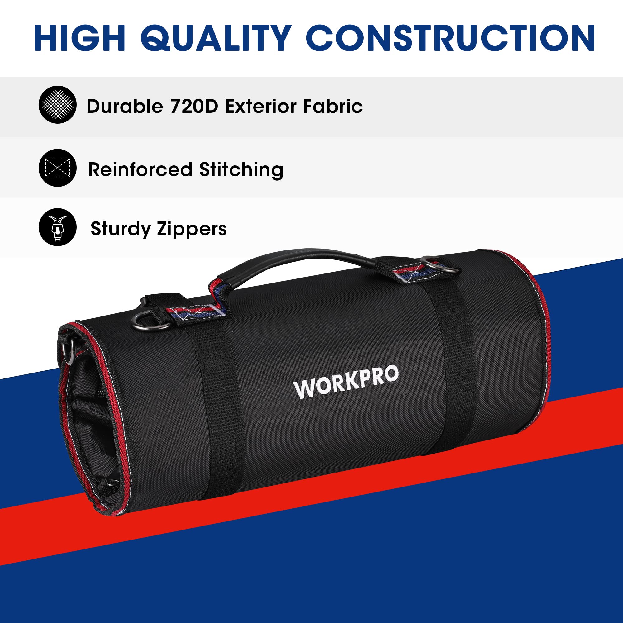 WORKPRO tool bag interior layout highlights organized pockets for pliers and screwdrivers.
