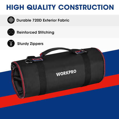 WORKPRO tool bag interior layout highlights organized pockets for pliers and screwdrivers.