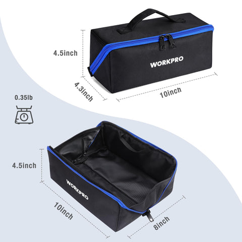 Wide-mouth opening on WORKPRO bag for fast tool loading and retrieval.
