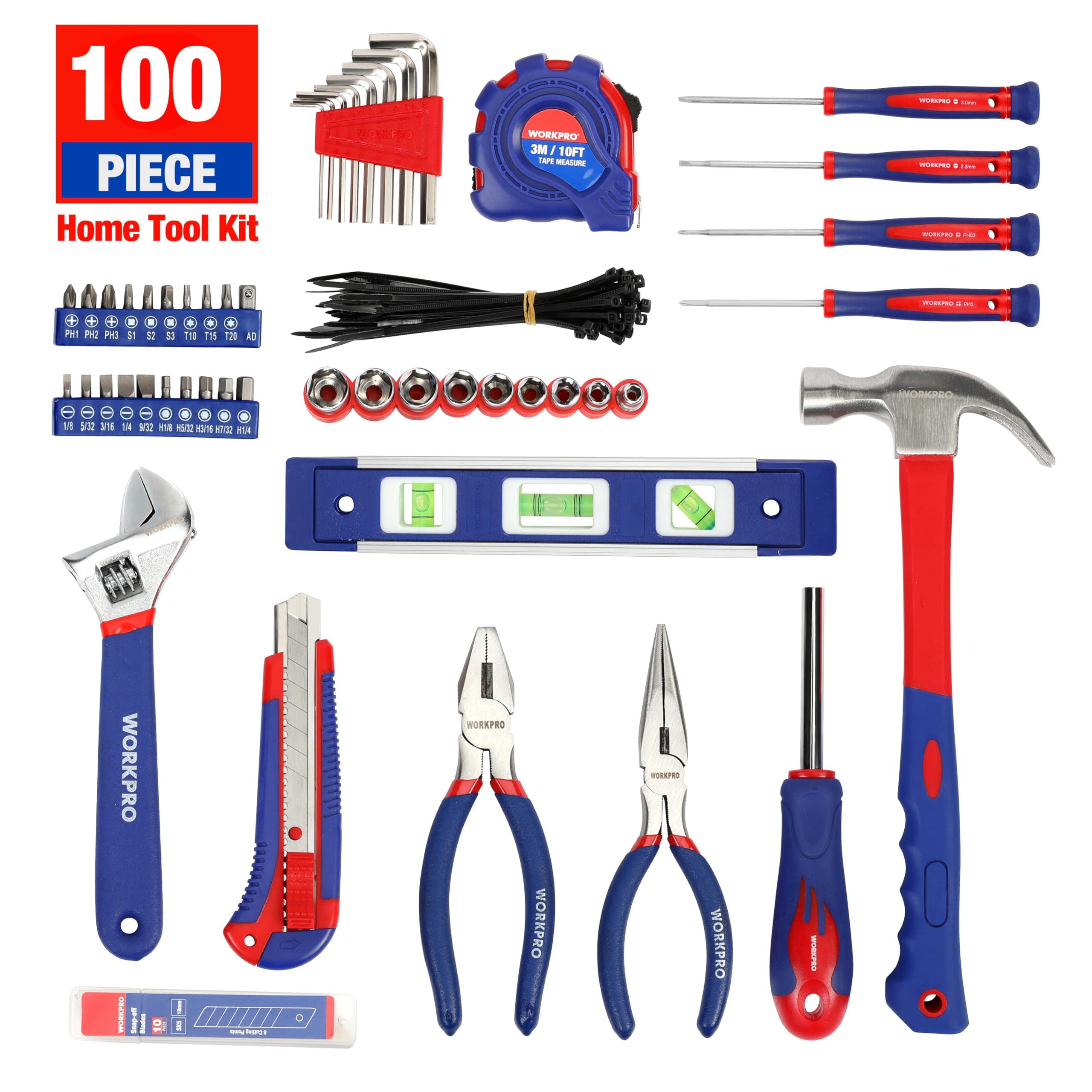 WORKPRO 100-piece tool set includes hammer and level for home repairs