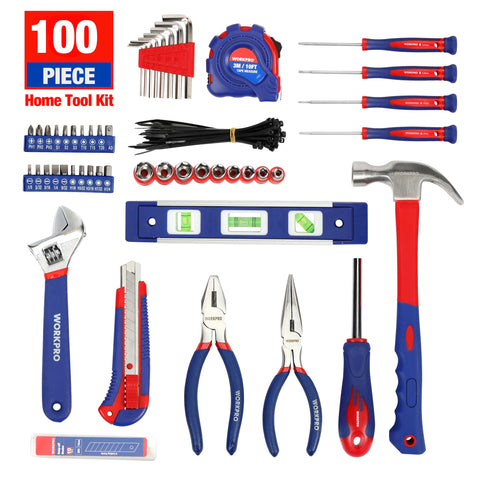 WORKPRO 100-piece tool set includes hammer and level for home repairs